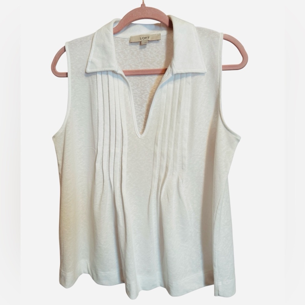 LOFT White Sleeveless Pleated Blouse with Notched Collar